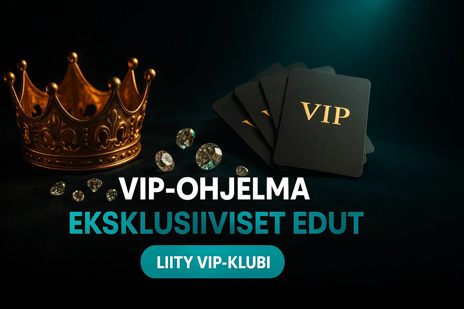 Suomalainen VIP-kasino banneri, kultakruunu, jäsenkortit ja timantit teal-valossa