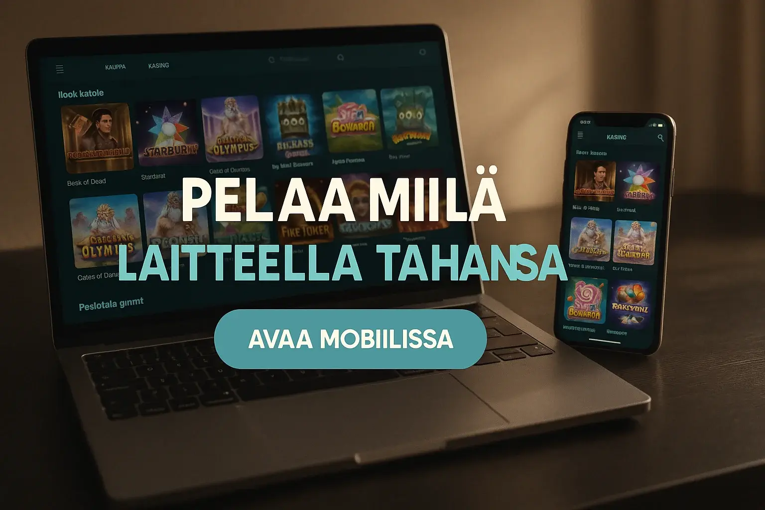 Suomalainen kasinobanneri, kannettava ja puhelin näyttävät saman peliaulan