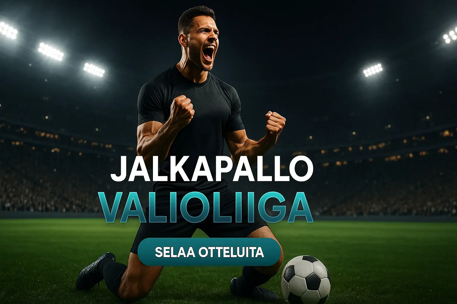 Fotorealistinen suomalainen kasinobanneri, jalkapalloilija juhlii maalintekoa stadionilla